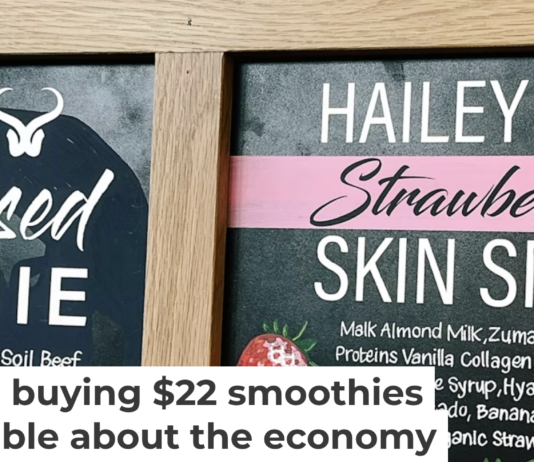 A selection of smoothies are listed in front of the high-end grocer Erewhon in Culver City, Calif., on July 17, 2024. Photo by Dania Maxwell/Los Angeles Times via Getty Images